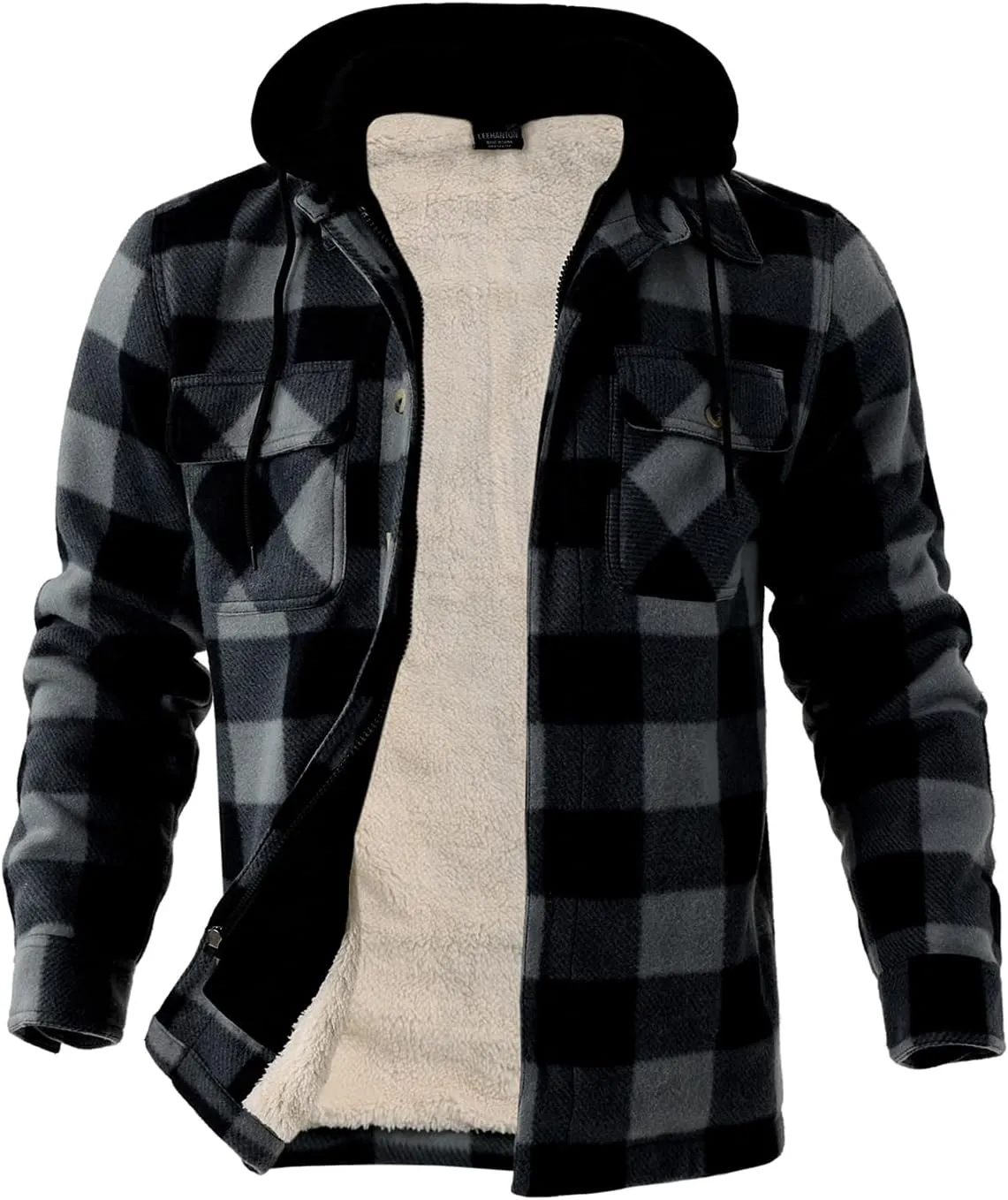TanBridge Men's Cotton Plaid Shirts Jacket Full Zip Fleece Flannel Sherpa Lined Hoodies Heavyweight Hoodies Jacket for Men