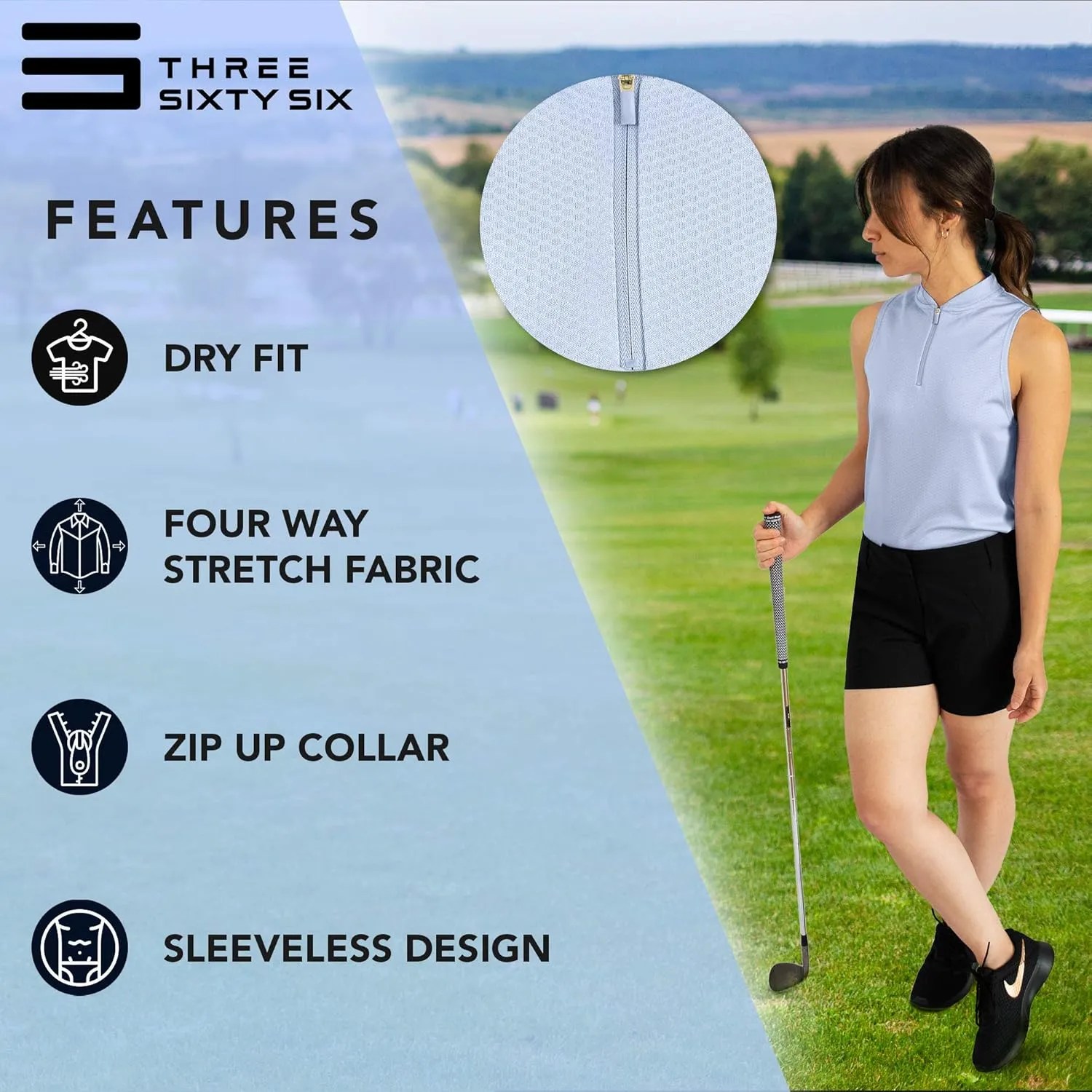Three Sixty Six Womens Sleeveless Collarless Golf Polo Shirt with Zipper - Quick Dry Tank Tops for Women