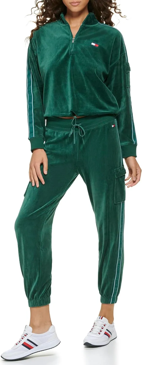 Tommy Hilfiger Women's Velour Fabric Cargo Pockets Jogger Rib Waistband With Drawcord Ghost Debossed Logo Taping