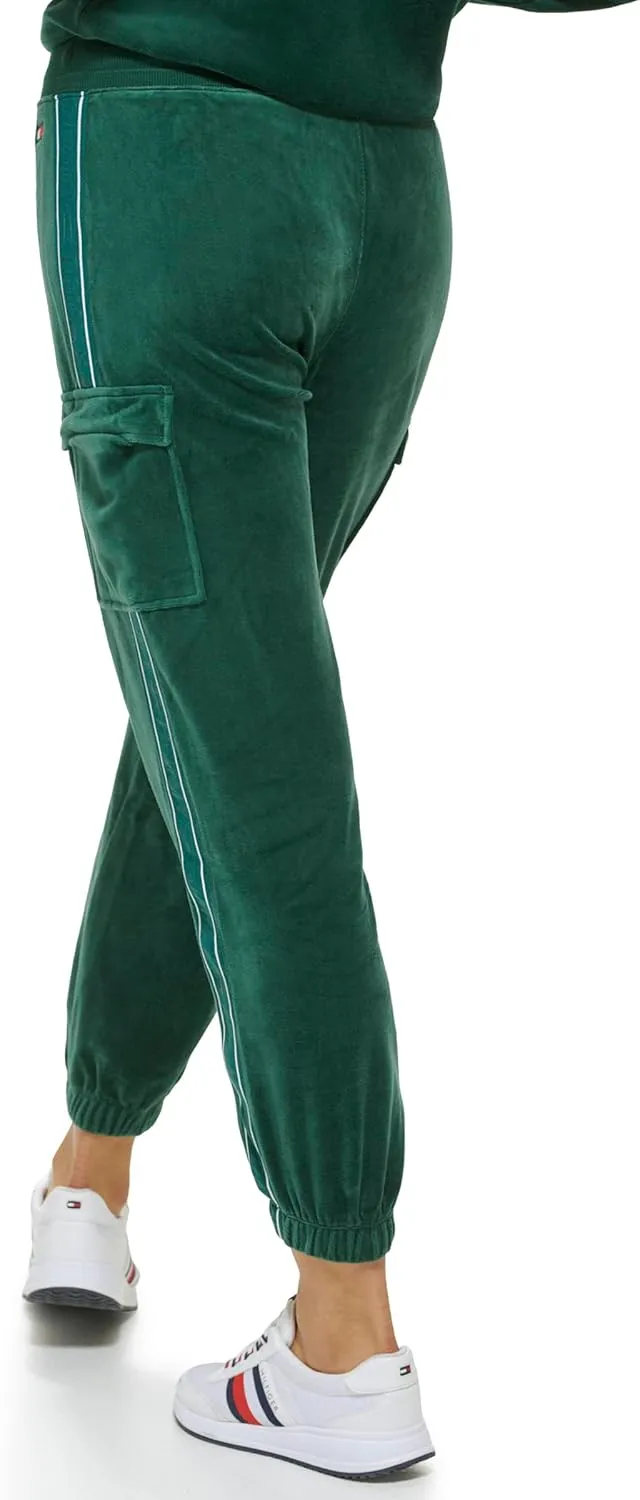 Tommy Hilfiger Women's Velour Fabric Cargo Pockets Jogger Rib Waistband With Drawcord Ghost Debossed Logo Taping