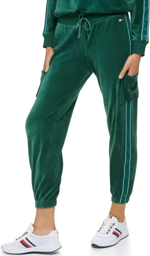 Tommy Hilfiger Women's Velour Fabric Cargo Pockets Jogger Rib Waistband With Drawcord Ghost Debossed Logo Taping