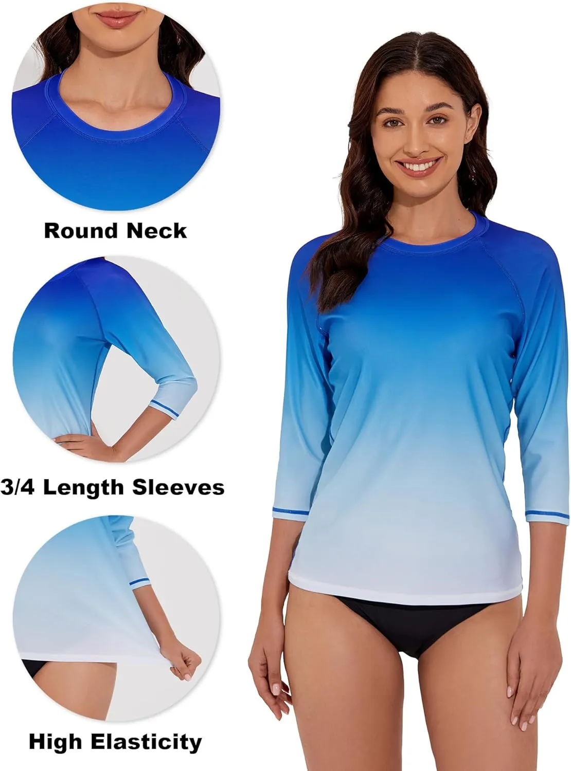 Tournesol Women's Rash Guard 3/4 Sleeve Swim Shirts SPF & UV Protection Rashguard Swimsuit Tops Round Neck Swimwear Top