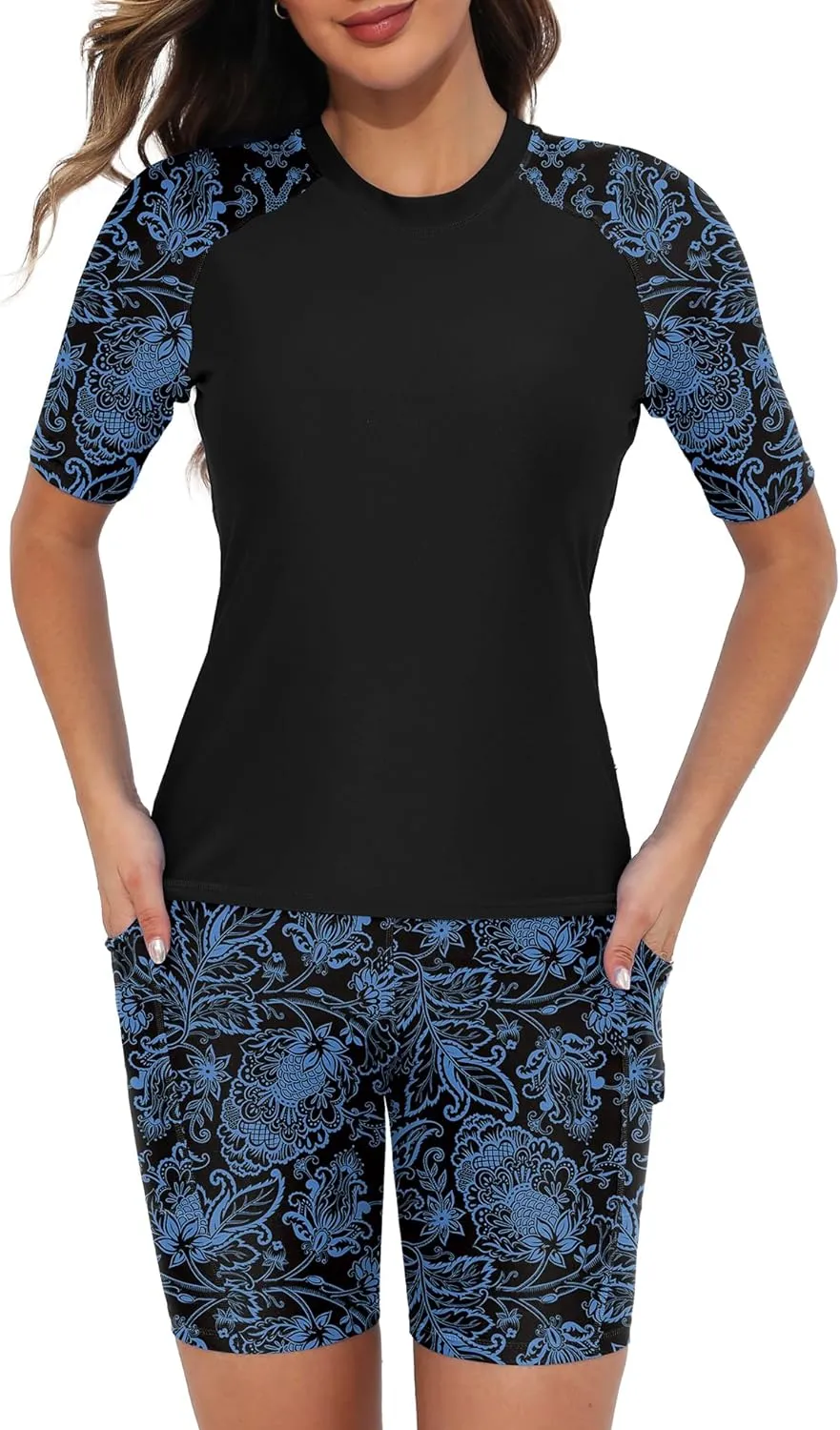 Tournesol Women's Two Piece Rash Guard Short Sleeve Swim Shirts UPF 50  Built in Bra Swimsuit with Boyshorts with Pockets
