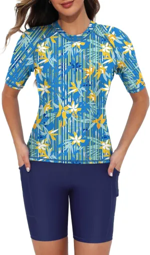 Tournesol Women's Two Piece Rash Guard Short Sleeve Swim Shirts UPF 50  Built in Bra Swimsuit with Boyshorts with Pockets