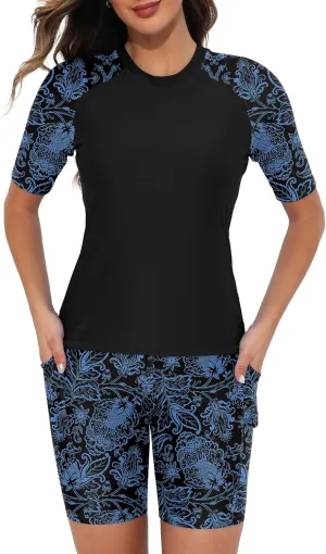 Tournesol Women's Two Piece Rash Guard Short Sleeve Swim Shirts UPF 50  Built in Bra Swimsuit with Boyshorts with Pockets