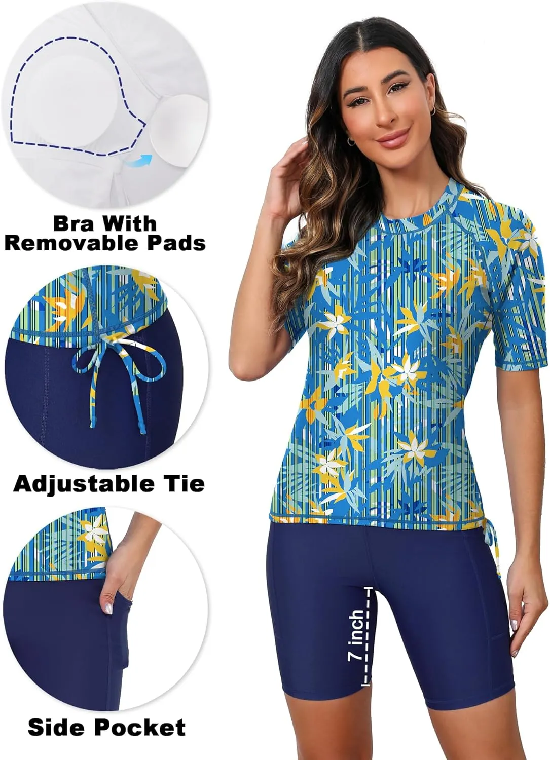 Tournesol Women's Two Piece Rash Guard Short Sleeve Swim Shirts UPF 50  Built in Bra Swimsuit with Boyshorts with Pockets