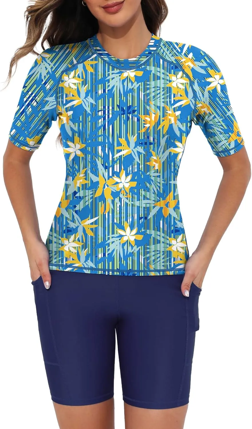 Tournesol Women's Two Piece Rash Guard Short Sleeve Swim Shirts UPF 50  Built in Bra Swimsuit with Boyshorts with Pockets