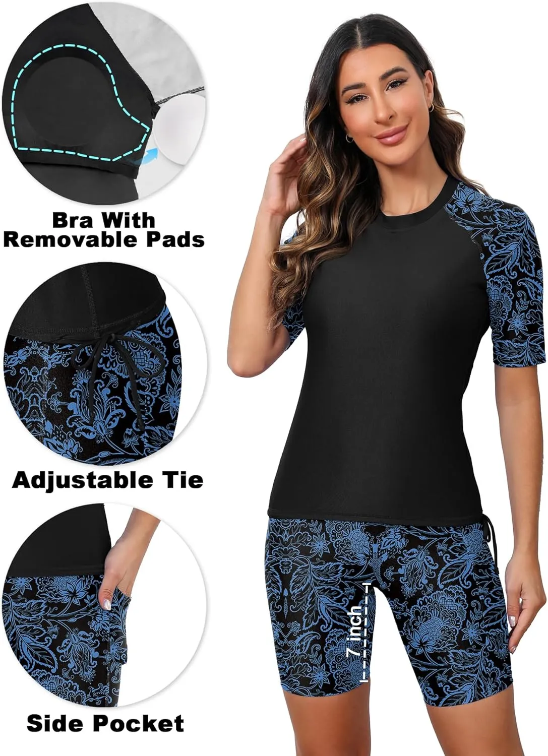 Tournesol Women's Two Piece Rash Guard Short Sleeve Swim Shirts UPF 50  Built in Bra Swimsuit with Boyshorts with Pockets