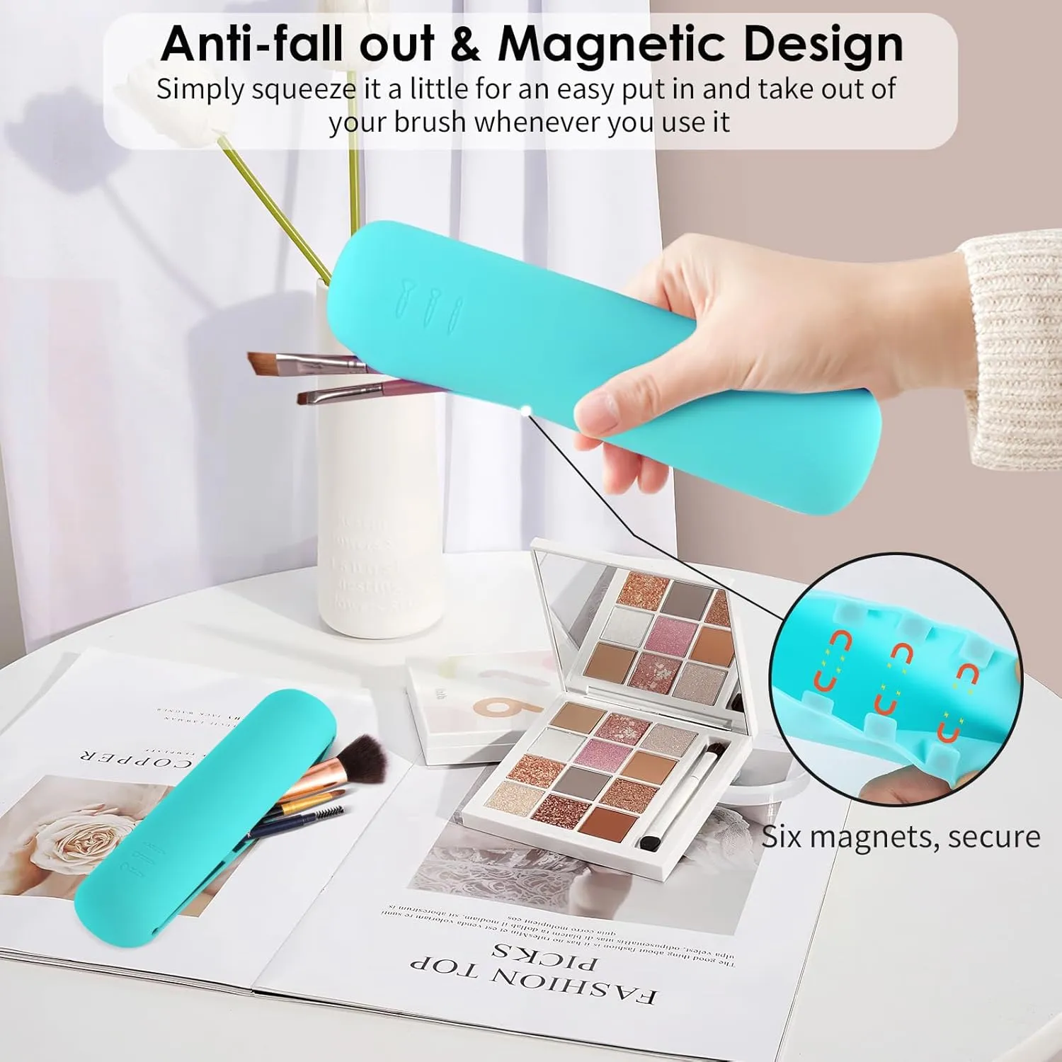 Travel Makeup Brush Holder Portable Beauty Tool Organizer Upgraded Strong Magnetic Anti-shedding Silicone Cosmetic Bag Organizer Soft Smooth Waterproof Cute Set (Emerald)