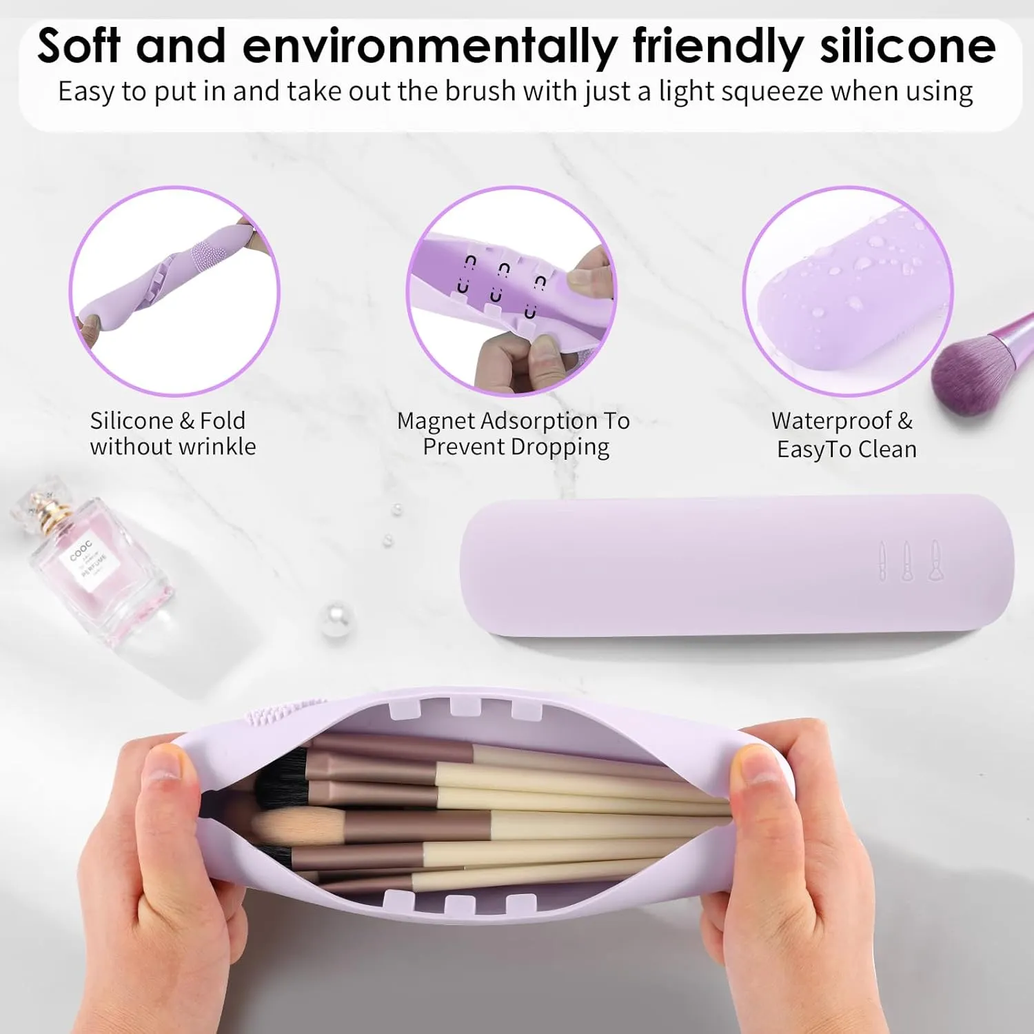 Travel Makeup Brush Holder Portable Beauty Tool Organizer Upgraded Strong Magnetic Anti-shedding Silicone Cosmetic Bag Organizer Soft Smooth Waterproof Cute Set (Emerald)