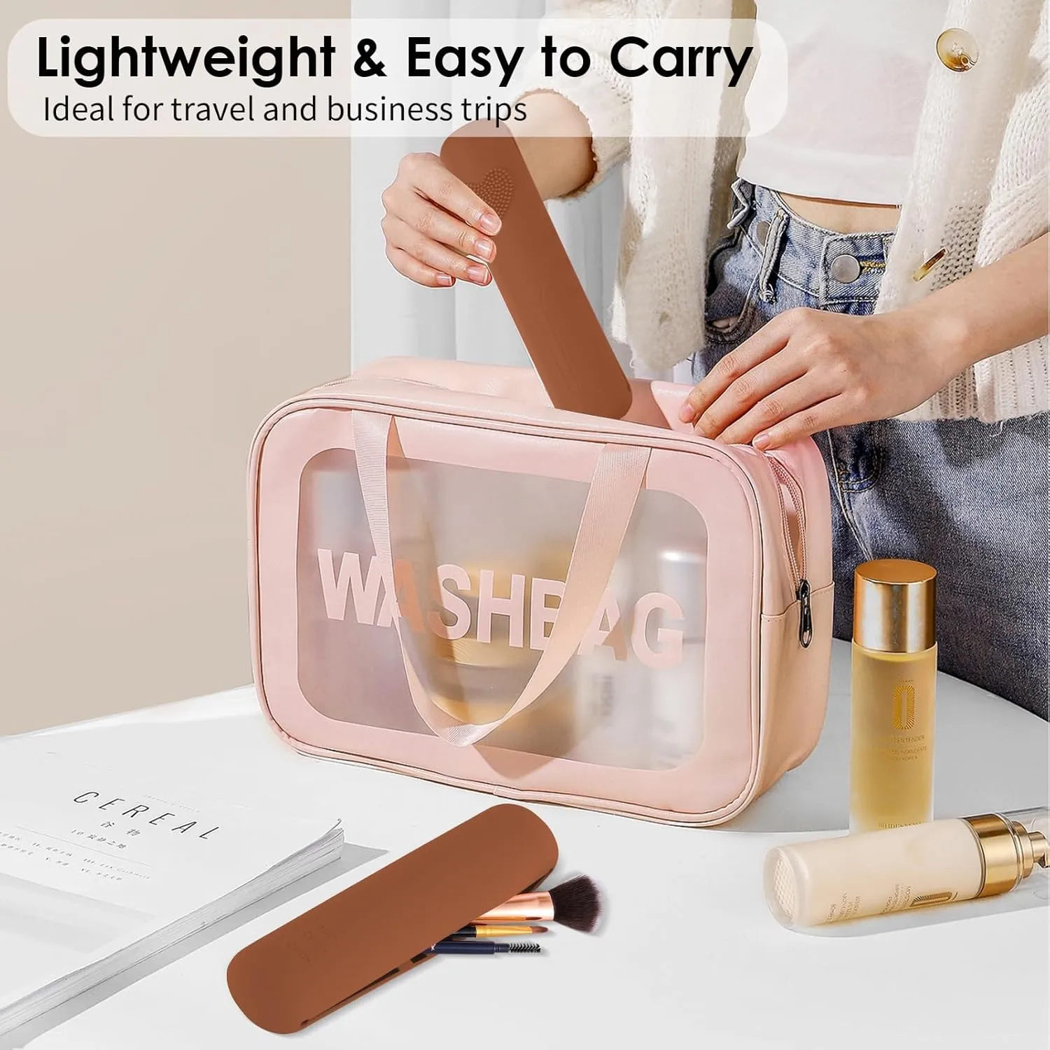 Travel Makeup Brush Holder Portable Beauty Tool Organizer Upgraded Strong Magnetic Anti-shedding Silicone Cosmetic Bag Organizer Soft Smooth Waterproof Cute Set (rose)