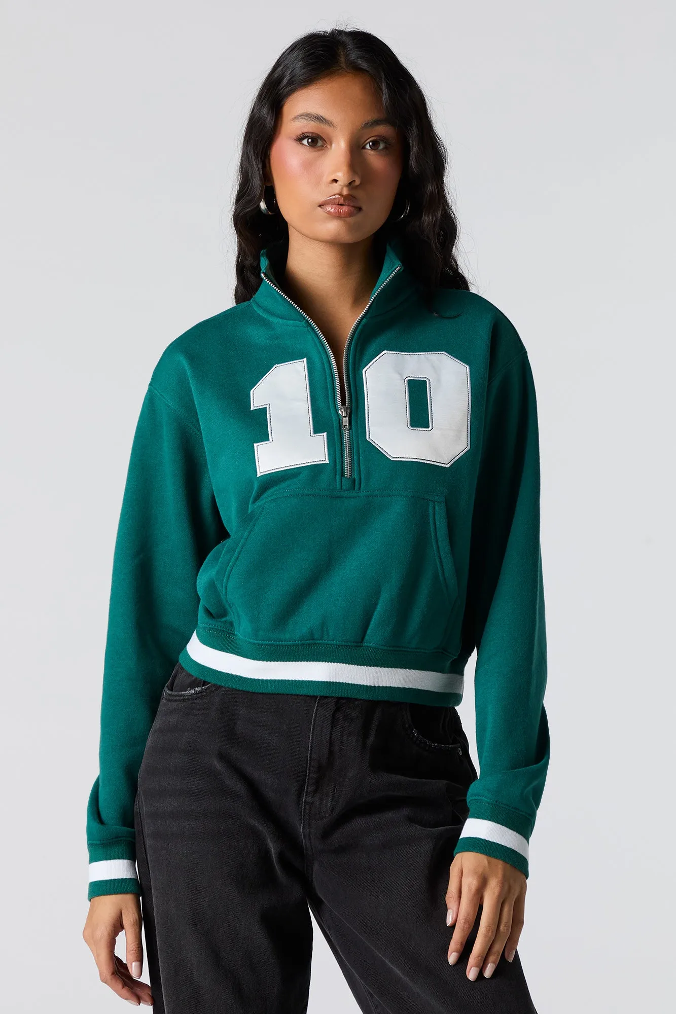 Twill Embroidered Quarter Zip Fleece Sweatshirt