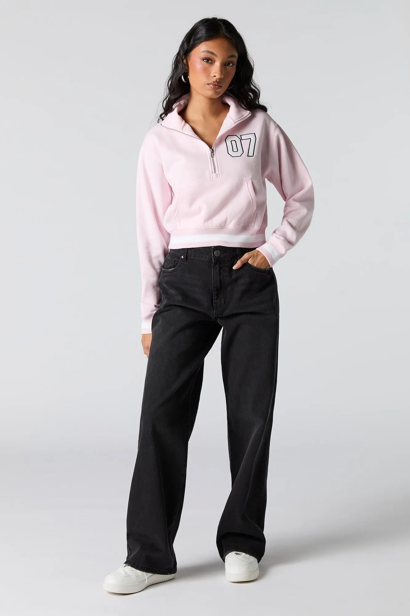 Twill Embroidered Quarter Zip Fleece Sweatshirt