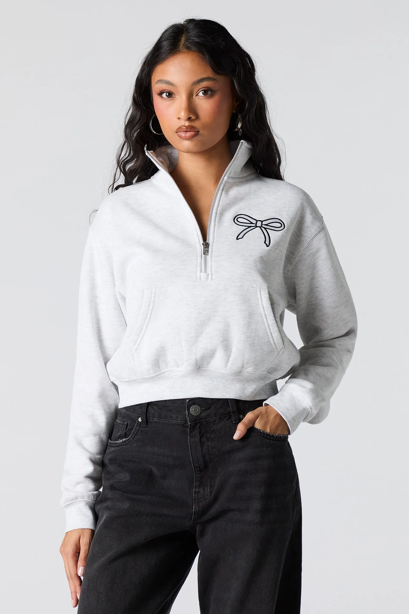 Twill Embroidered Quarter Zip Fleece Sweatshirt