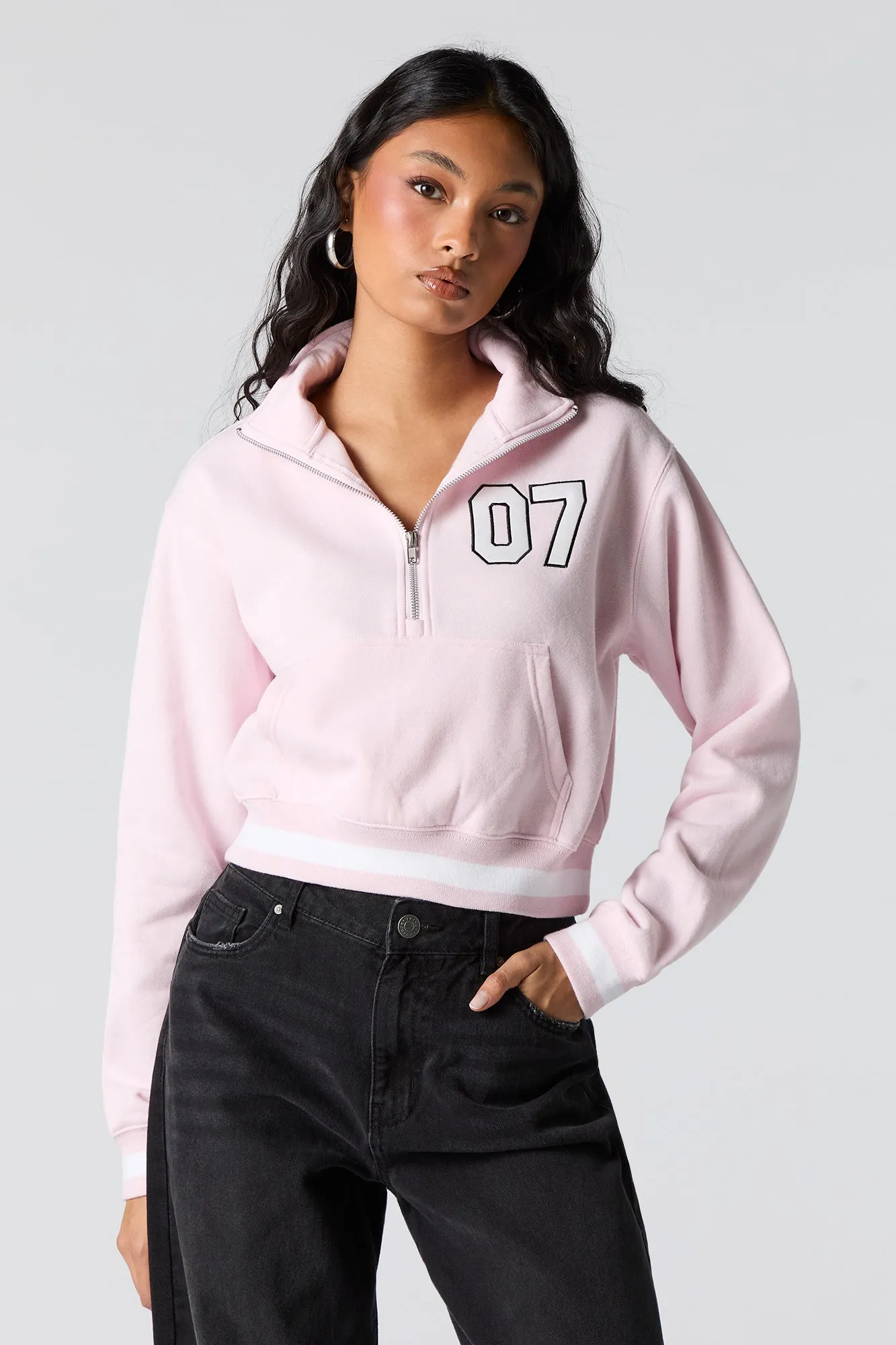 Twill Embroidered Quarter Zip Fleece Sweatshirt
