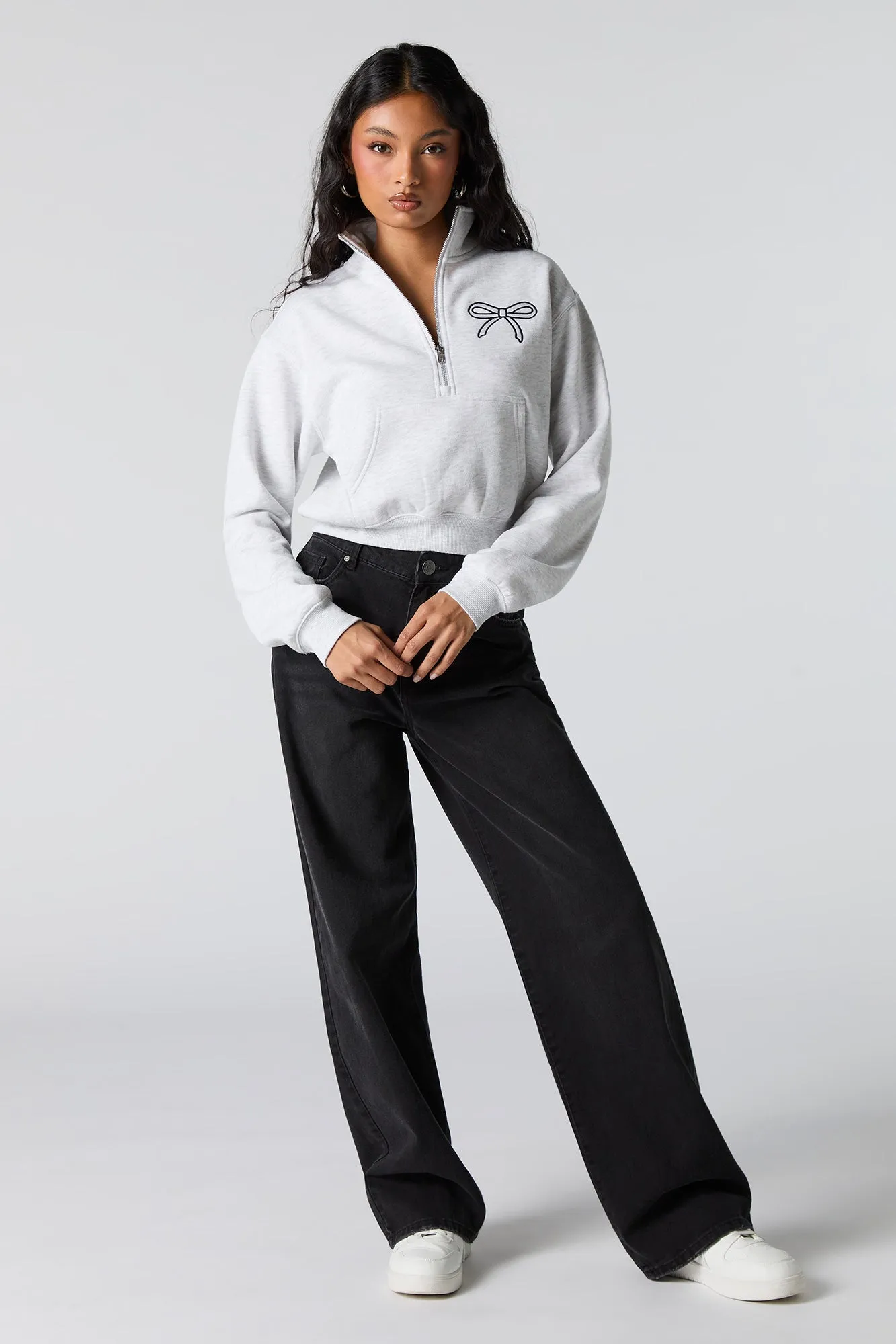 Twill Embroidered Quarter Zip Fleece Sweatshirt