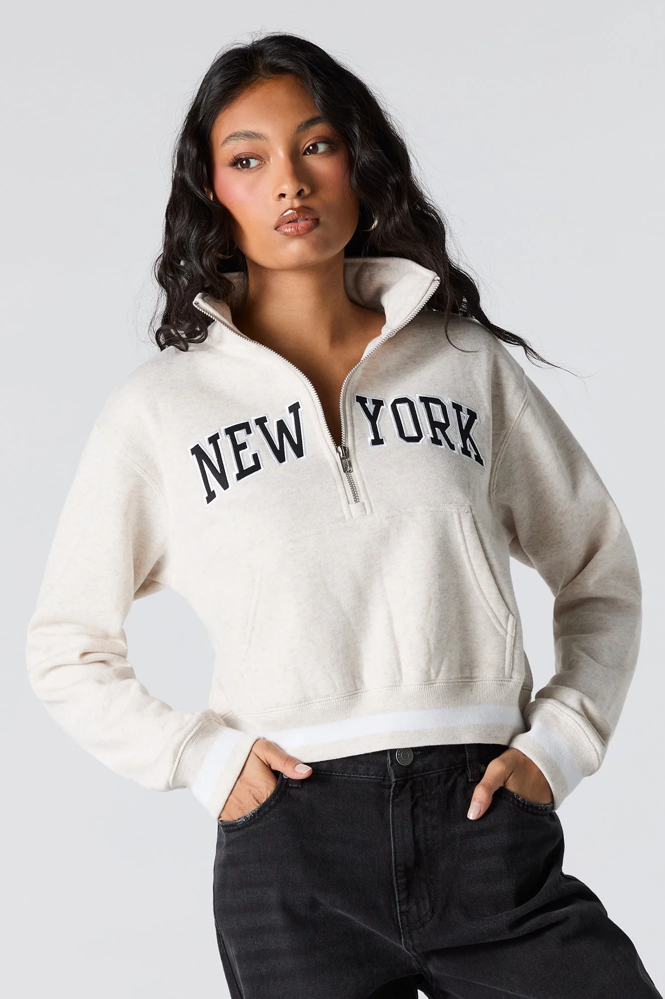 Twill Embroidered Quarter Zip Fleece Sweatshirt