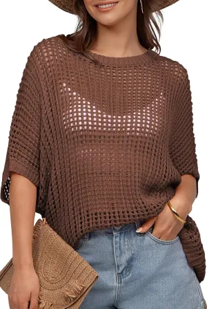 UEU Womens Summer Tops Crochet Short Sleeve Mesh Knit Sweater Shirts Beach Swimsuit Swim Cover Ups 2025 Trendy Outfits