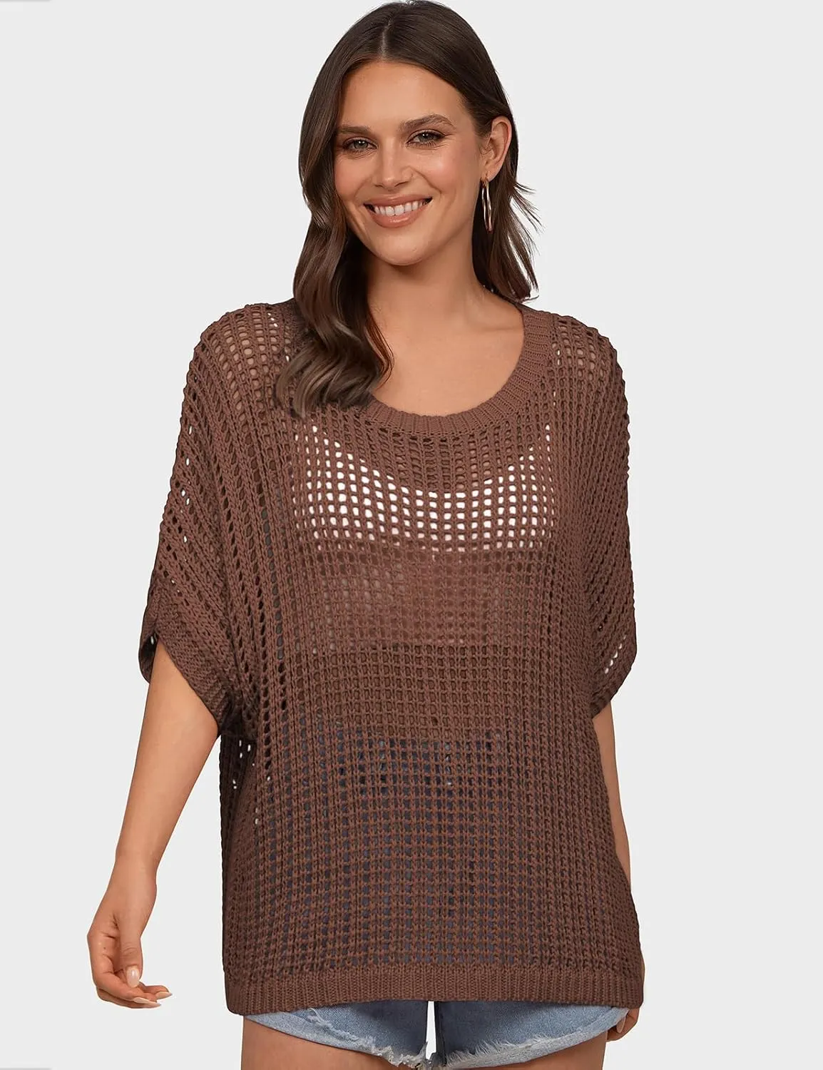 UEU Womens Summer Tops Crochet Short Sleeve Mesh Knit Sweater Shirts Beach Swimsuit Swim Cover Ups 2025 Trendy Outfits