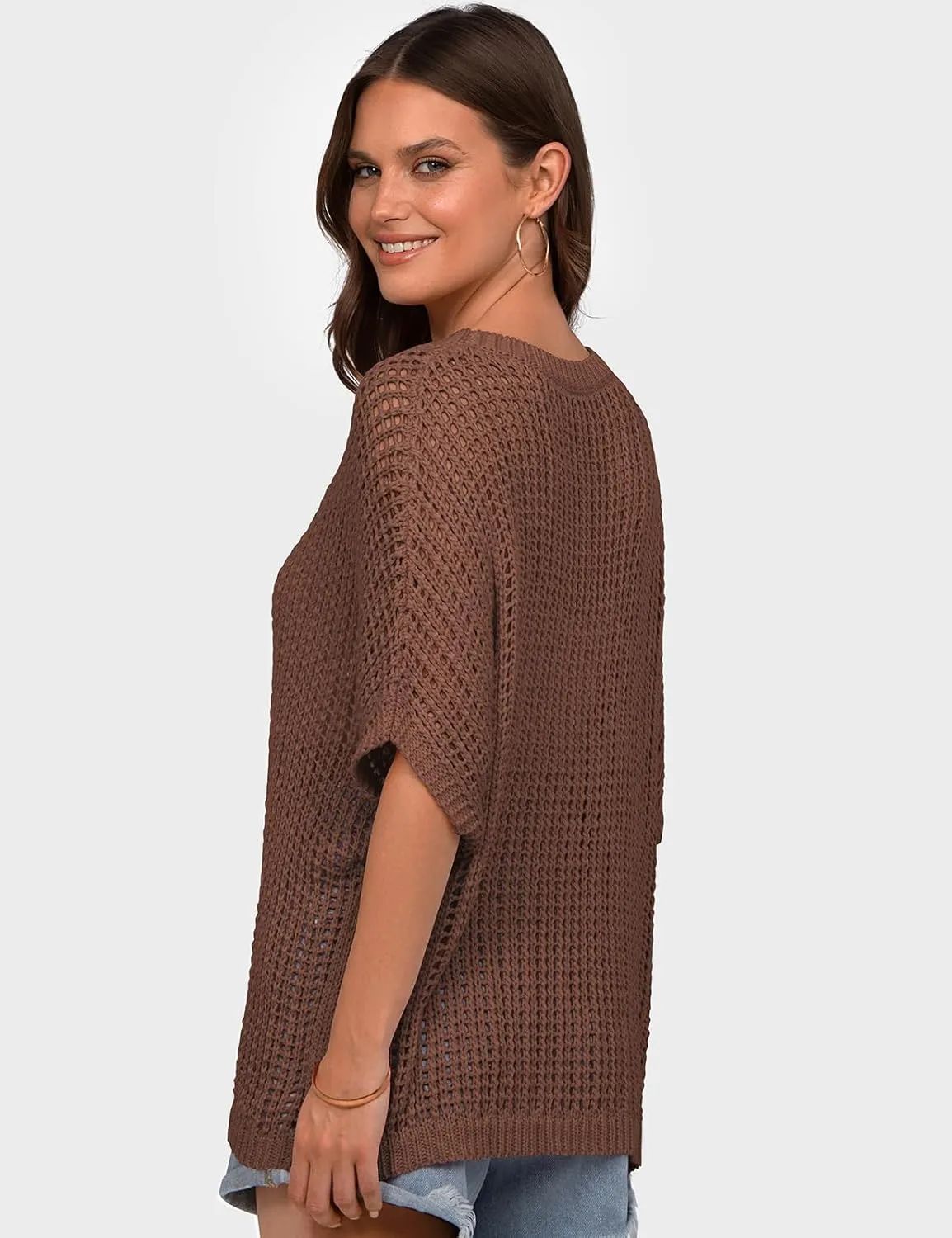 UEU Womens Summer Tops Crochet Short Sleeve Mesh Knit Sweater Shirts Beach Swimsuit Swim Cover Ups 2025 Trendy Outfits