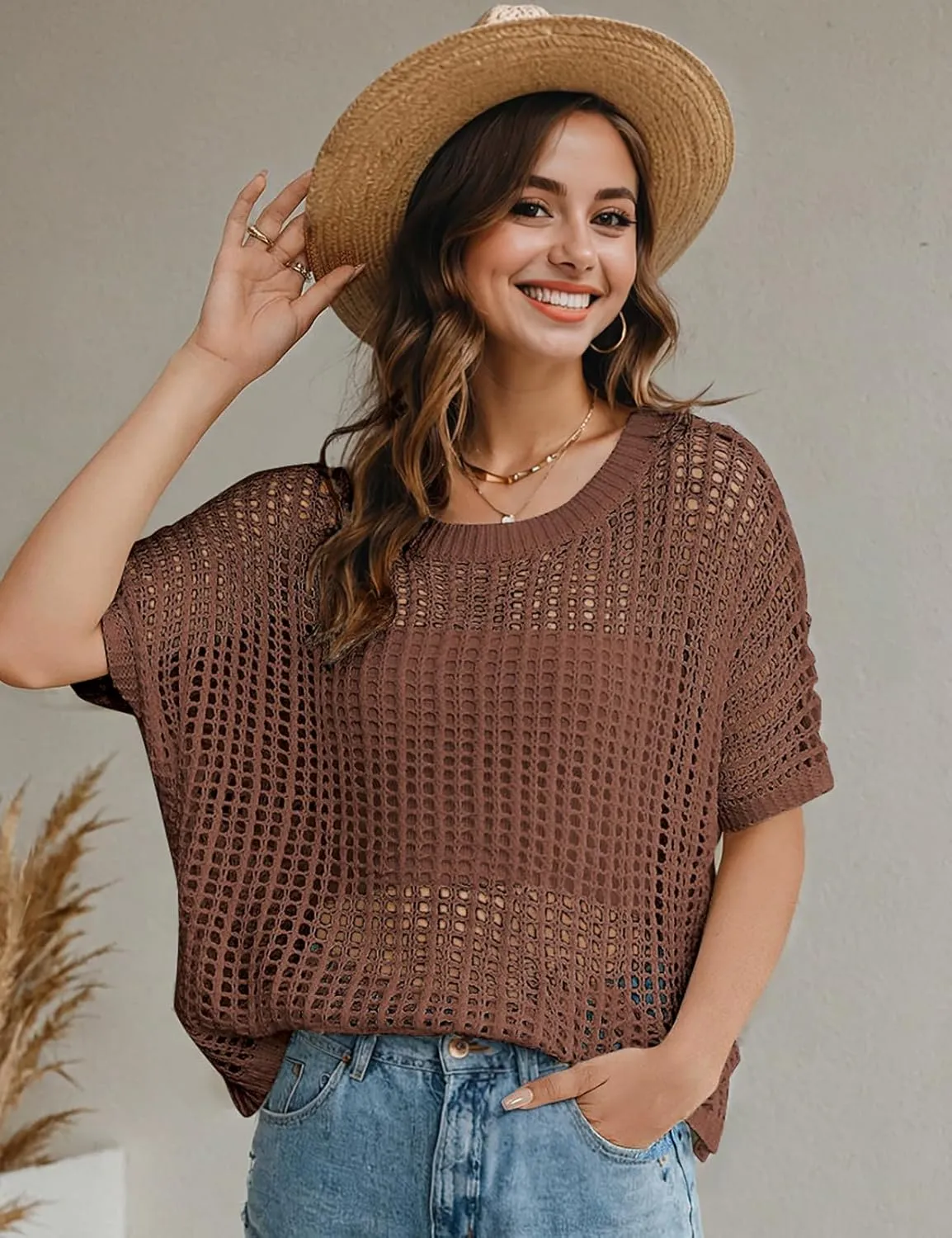 UEU Womens Summer Tops Crochet Short Sleeve Mesh Knit Sweater Shirts Beach Swimsuit Swim Cover Ups 2025 Trendy Outfits