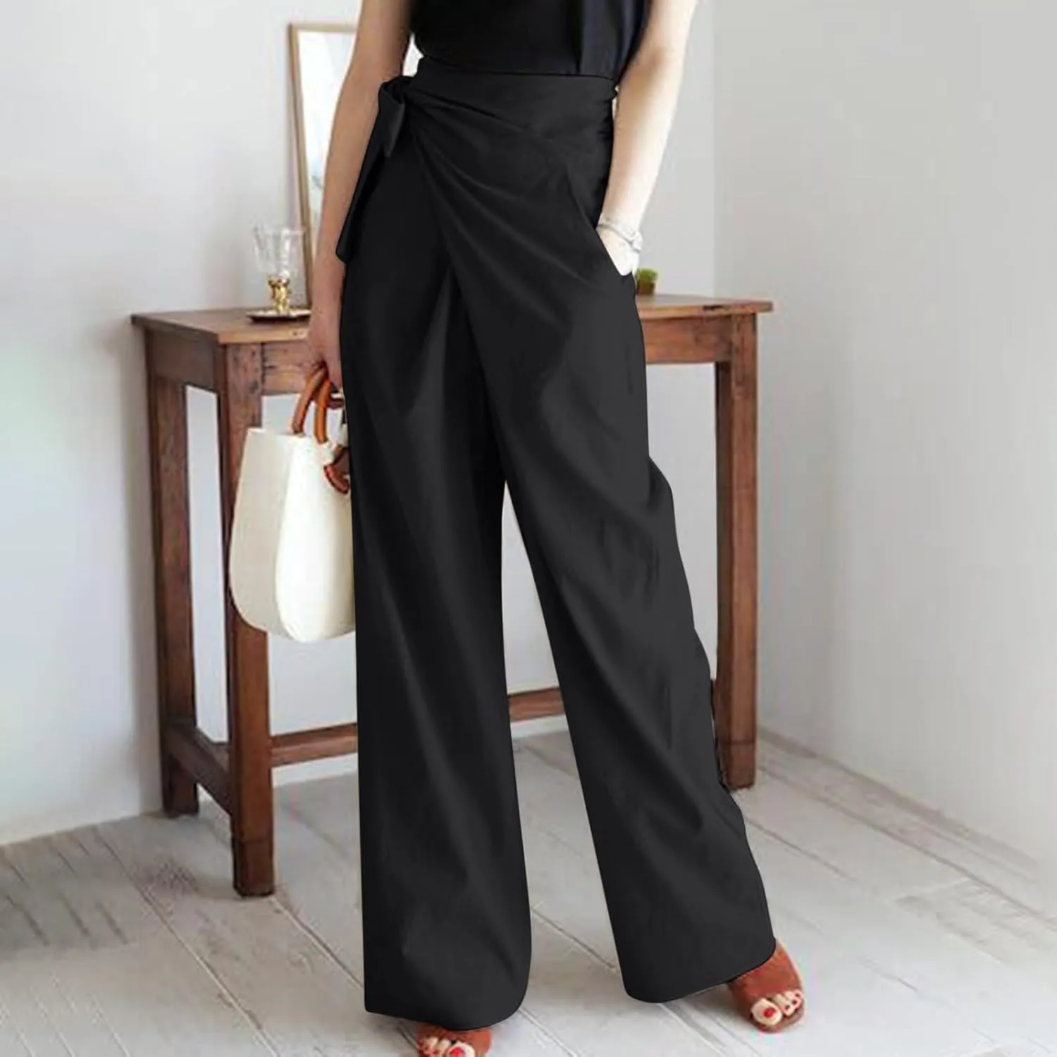 Uillui Dressy Casual Work Pants for Women Fashion Wrap High Waist Lace-Up Slacks Straight Leg Wide Leg Cotton Linen Trousers