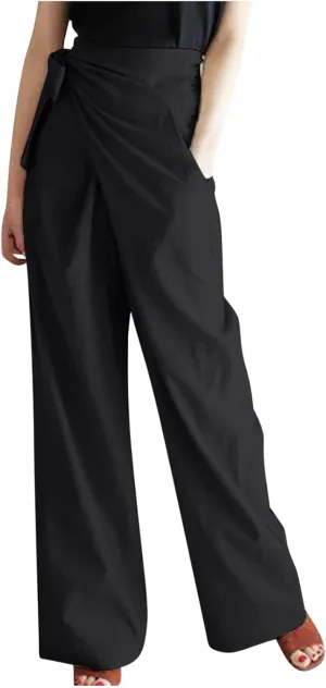 Uillui Dressy Casual Work Pants for Women Fashion Wrap High Waist Lace-Up Slacks Straight Leg Wide Leg Cotton Linen Trousers