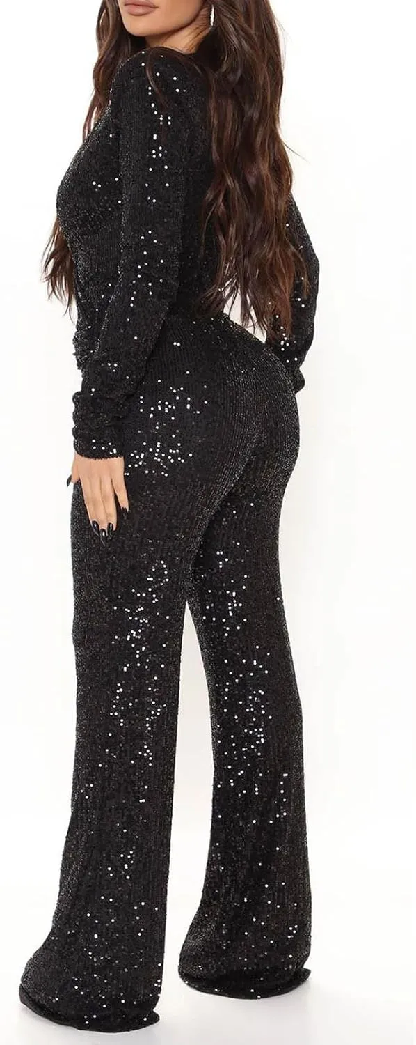 Uillui Sequins Women's Jumpsuit Formal Sexy V Neck High-Waist Woman Romper Elegant Long Sleeve Wide Leg Pants Party Clubwear