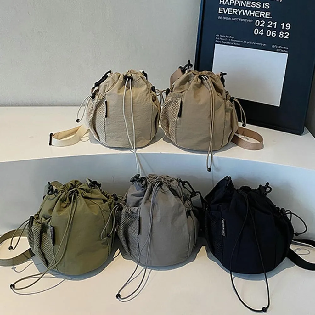 Unisex Adult Drawstring Bucket Bag Casual Fabric Crossbody Tote Bag Handbags with Adjustable Strap