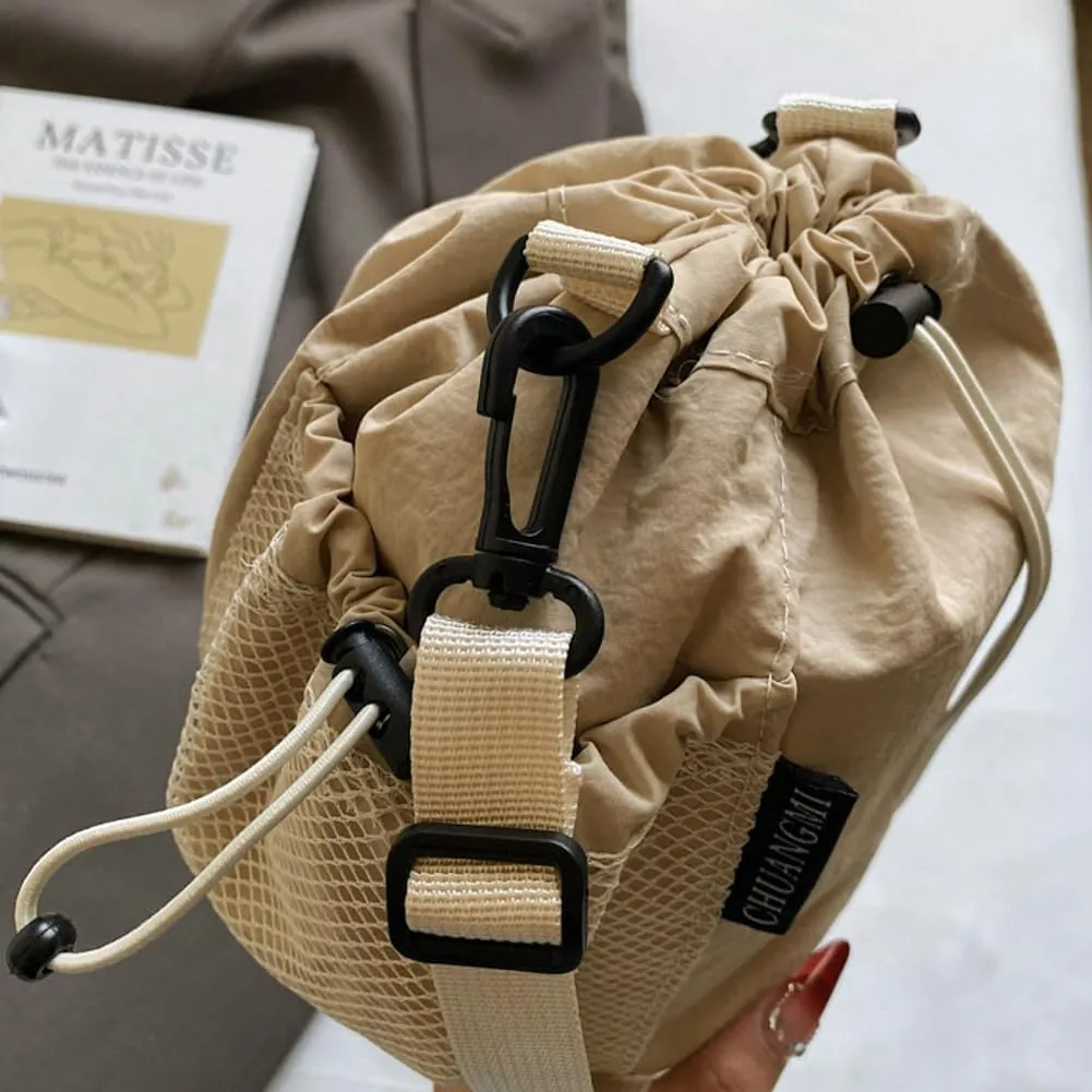 Unisex Adult Drawstring Bucket Bag Casual Fabric Crossbody Tote Bag Handbags with Adjustable Strap