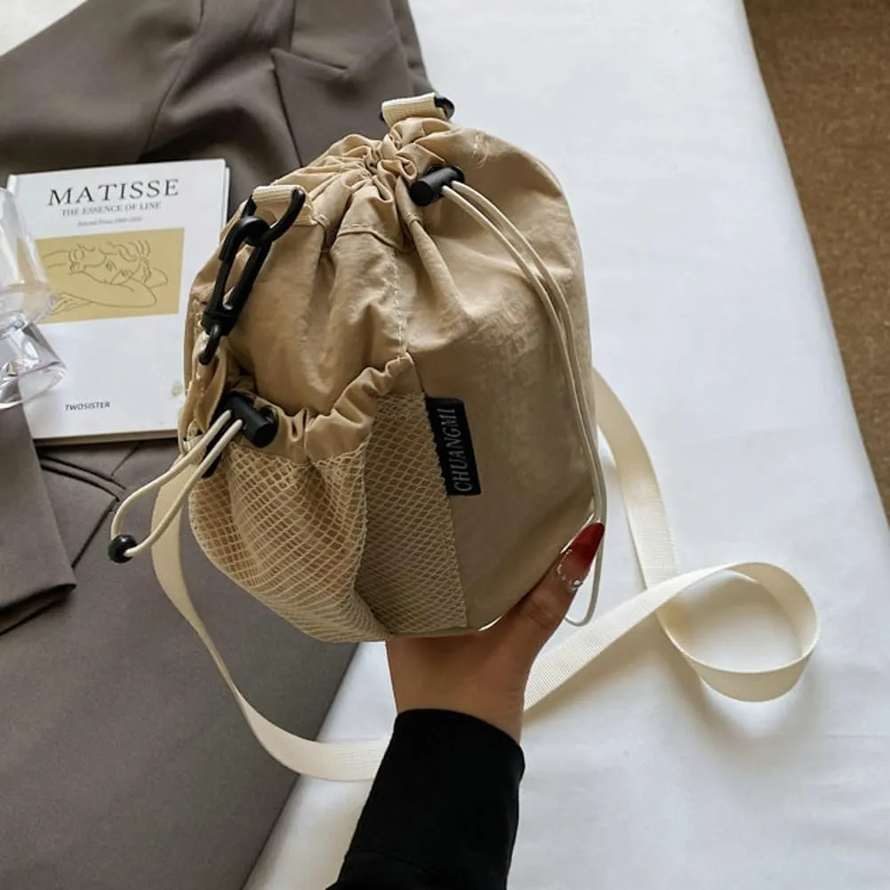 Unisex Adult Drawstring Bucket Bag Casual Fabric Crossbody Tote Bag Handbags with Adjustable Strap
