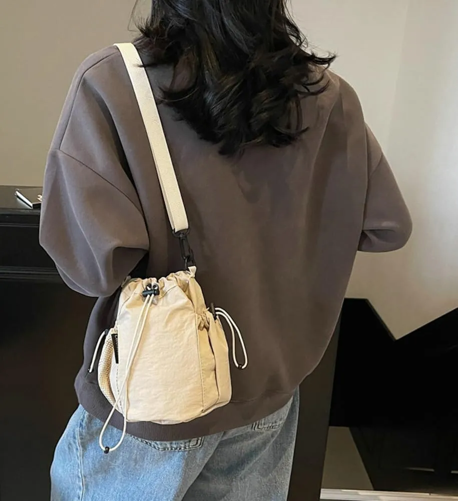 Unisex Adult Drawstring Bucket Bag Casual Fabric Crossbody Tote Bag Handbags with Adjustable Strap