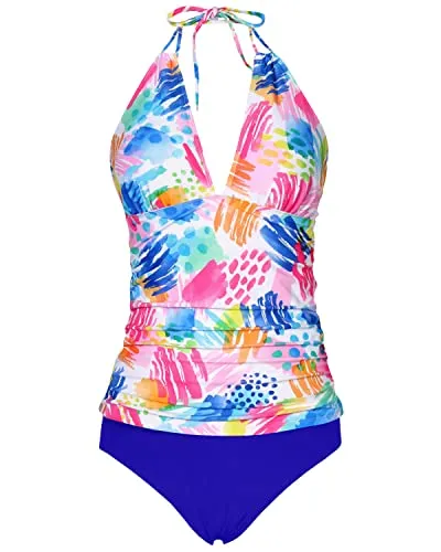 V Neck Halter Tankini Swimsuits Bikini Bottom Tummy Control Bathing Suits-Colorful