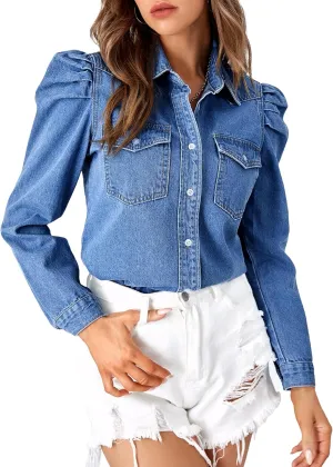 Verdusa Women's Puff Long Sleeve Collar Button Up Denim Shirt Blouse Top with Flap Pocket