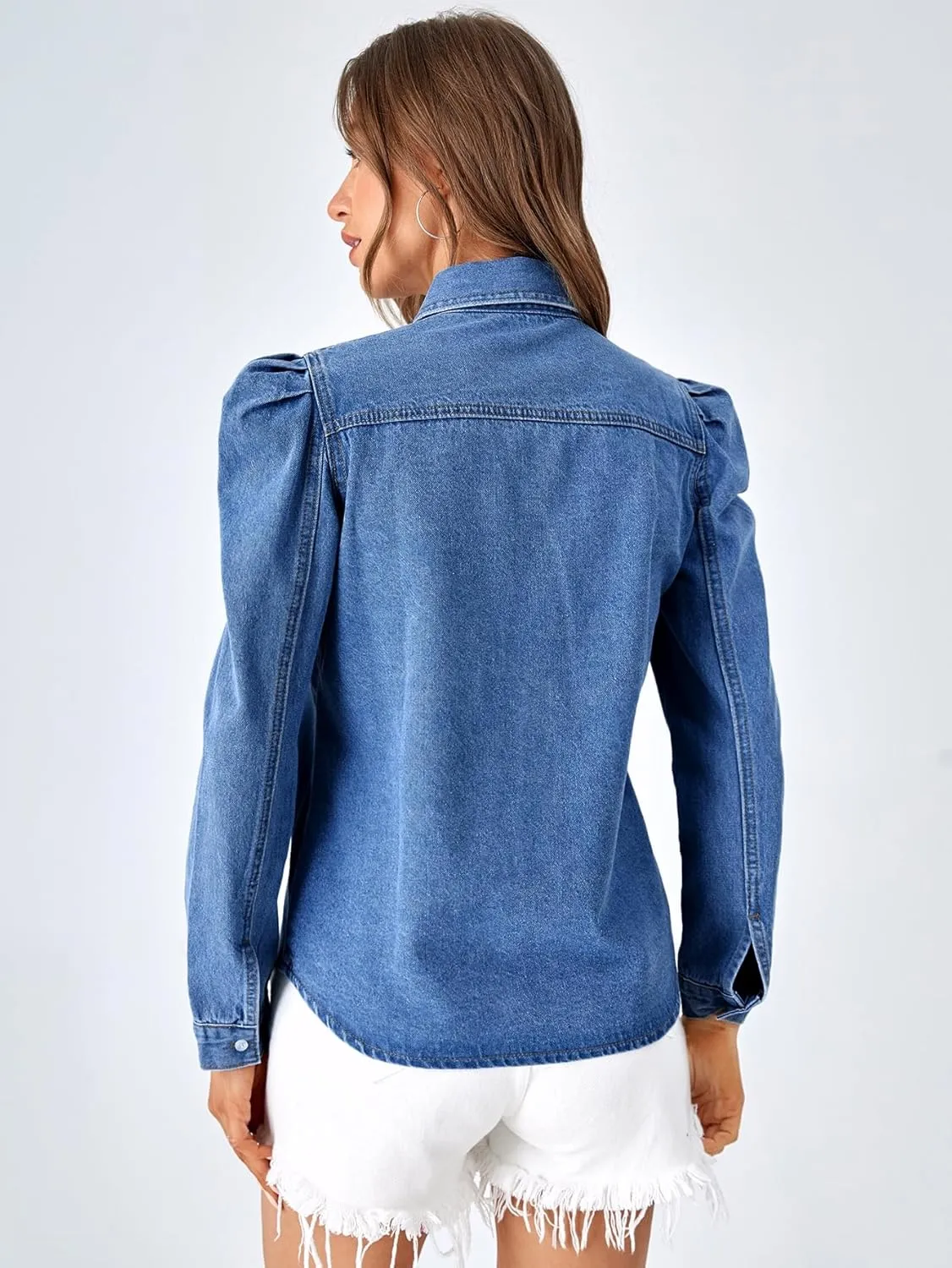 Verdusa Women's Puff Long Sleeve Collar Button Up Denim Shirt Blouse Top with Flap Pocket