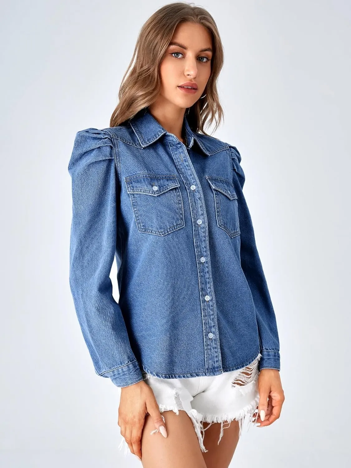 Verdusa Women's Puff Long Sleeve Collar Button Up Denim Shirt Blouse Top with Flap Pocket