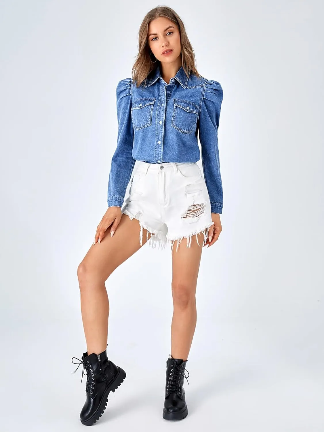 Verdusa Women's Puff Long Sleeve Collar Button Up Denim Shirt Blouse Top with Flap Pocket