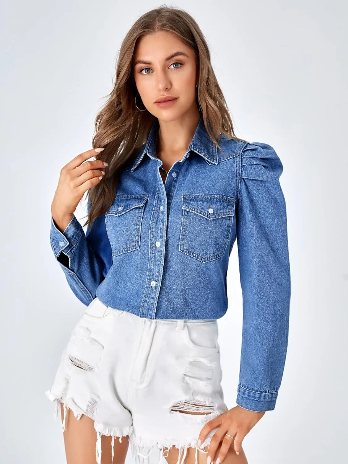 Verdusa Women's Puff Long Sleeve Collar Button Up Denim Shirt Blouse Top with Flap Pocket