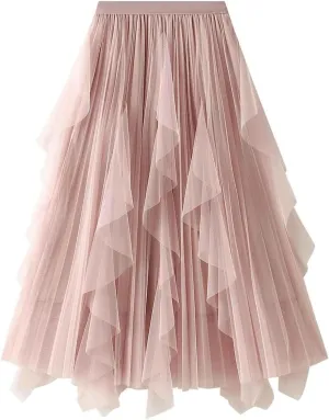 Waist Skirts Women's Ruffle Tulle Skirt Fairy Elastic High Waist Tutu Midi Skirt Elegant A-Line Swing Pleated Skirt Pink