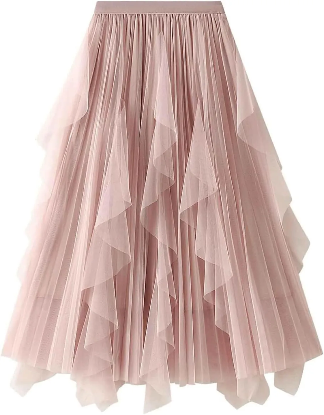 Waist Skirts Women's Ruffle Tulle Skirt Fairy Elastic High Waist Tutu Midi Skirt Elegant A-Line Swing Pleated Skirt Pink