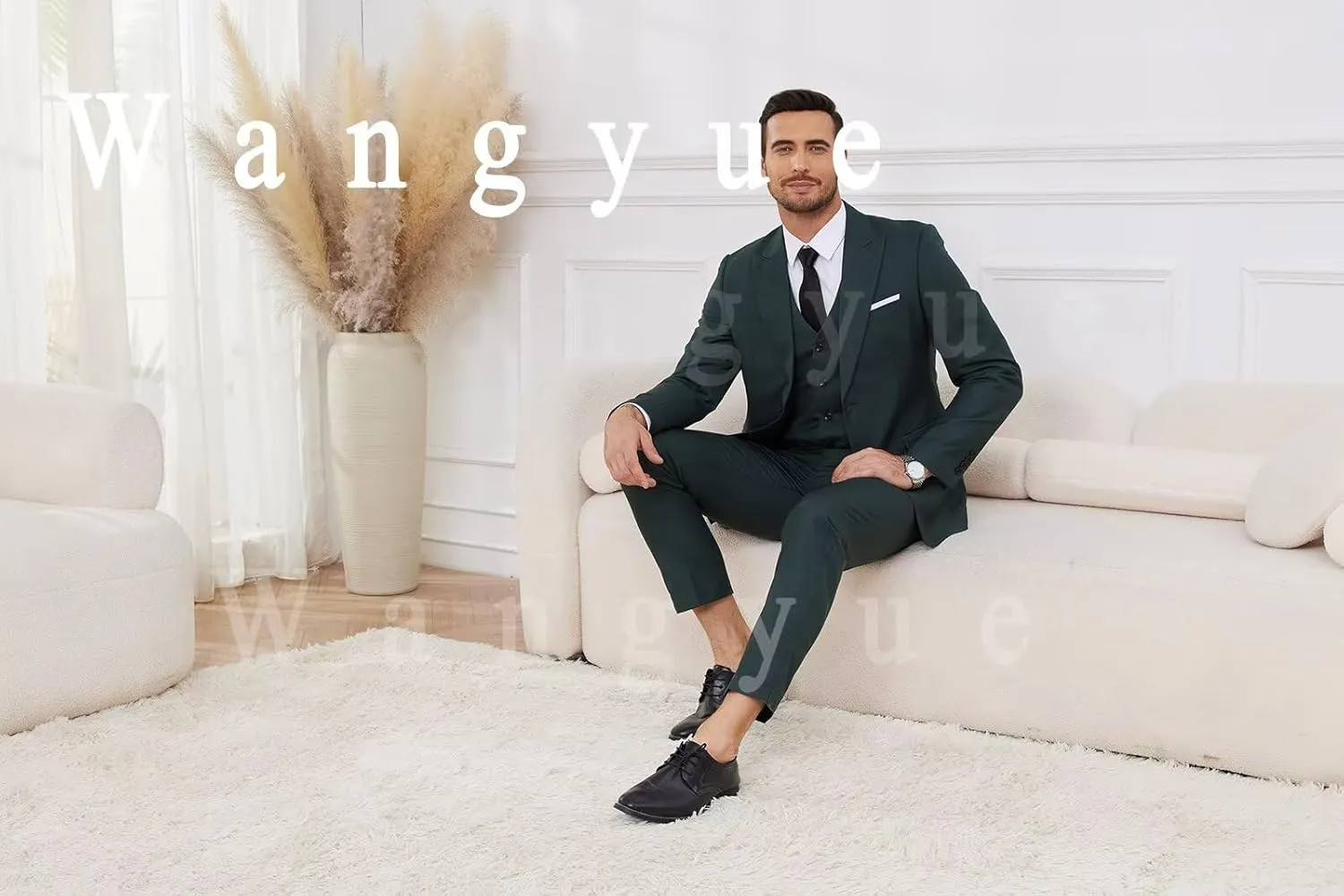 Wangyue 3 Piece Men's Suits Slim Fit Sets Elegant Suit for Men Peak Lapel Two Button Solid Jacket Vest Pants Prom