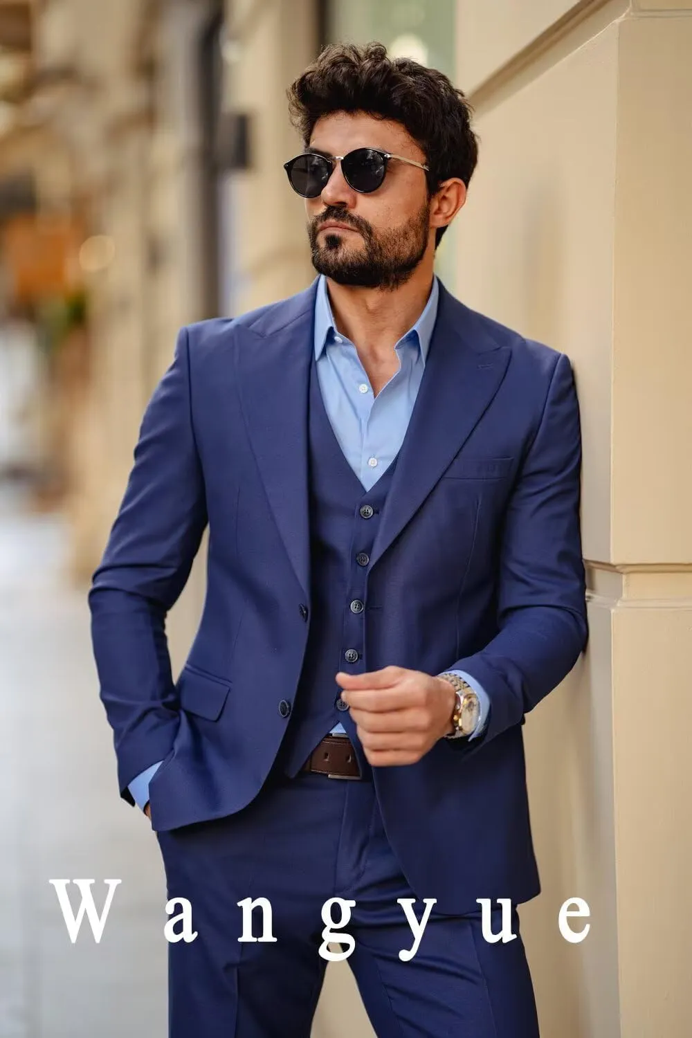 Wangyue 3 Piece Men's Suits Slim Fit Sets Elegant Suit for Men Peak Lapel Two Button Solid Jacket Vest Pants Prom