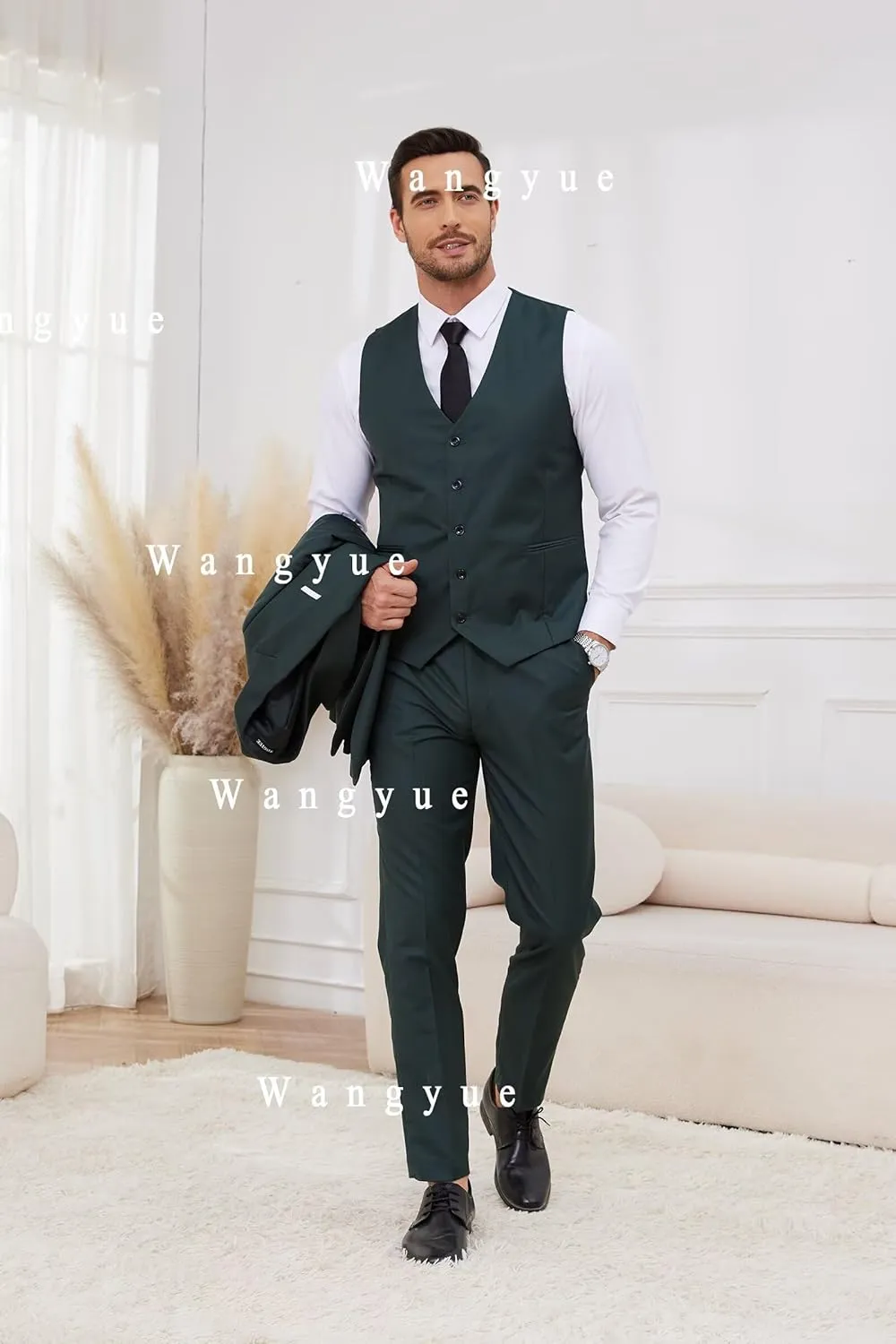 Wangyue 3 Piece Men's Suits Slim Fit Sets Elegant Suit for Men Peak Lapel Two Button Solid Jacket Vest Pants Prom