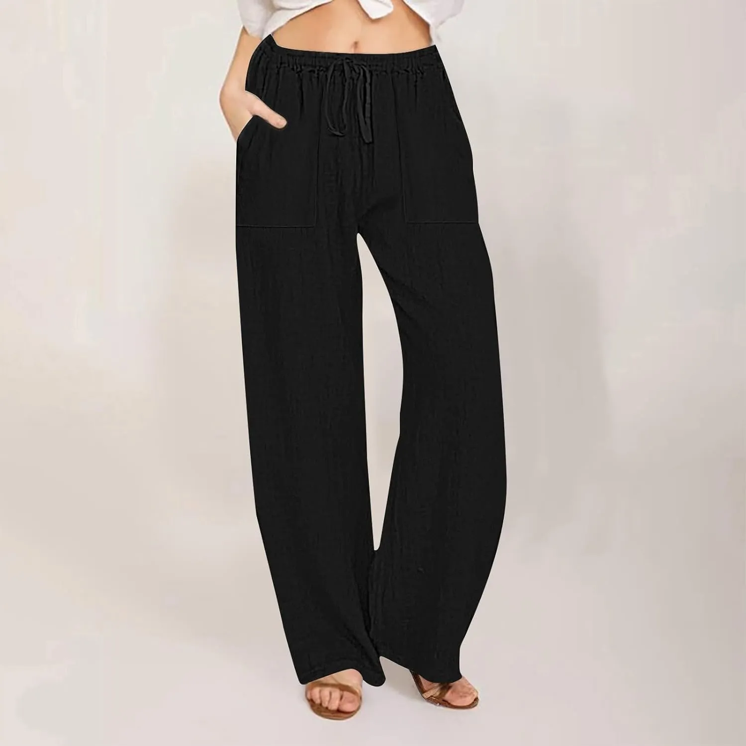 Wide Leg Cotton Linen Pants Women Summer 2025 Casual High Waisted Lounge Pants Beach Trousers Palazzo Sweatpants