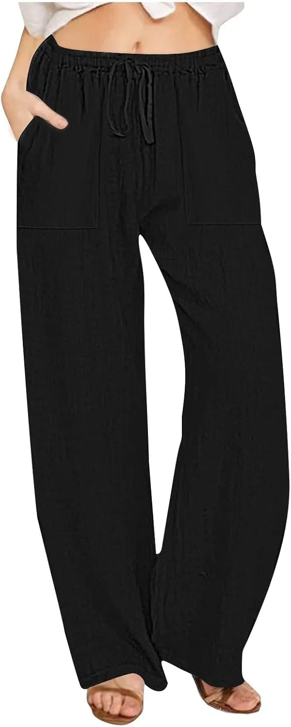 Wide Leg Cotton Linen Pants Women Summer 2025 Casual High Waisted Lounge Pants Beach Trousers Palazzo Sweatpants