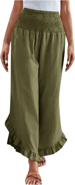 Wide Leg Pants for Women 2025 Summer Lounge Palazzo Pants High Waisted Ruffle Hem Boho Beach Flowy Trousers Pockets