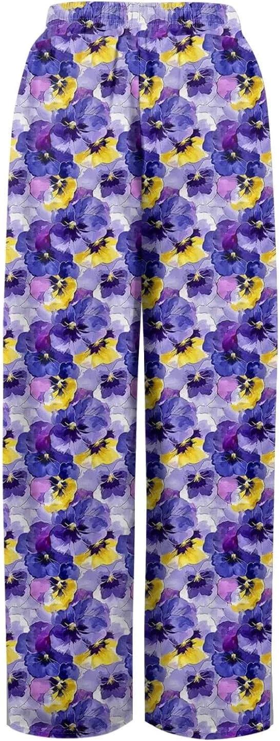 Wide Leg Pants Women 2025 Summer Floral Print Boho Palazzo Pants High Waist Lounge Trousers with Pockets