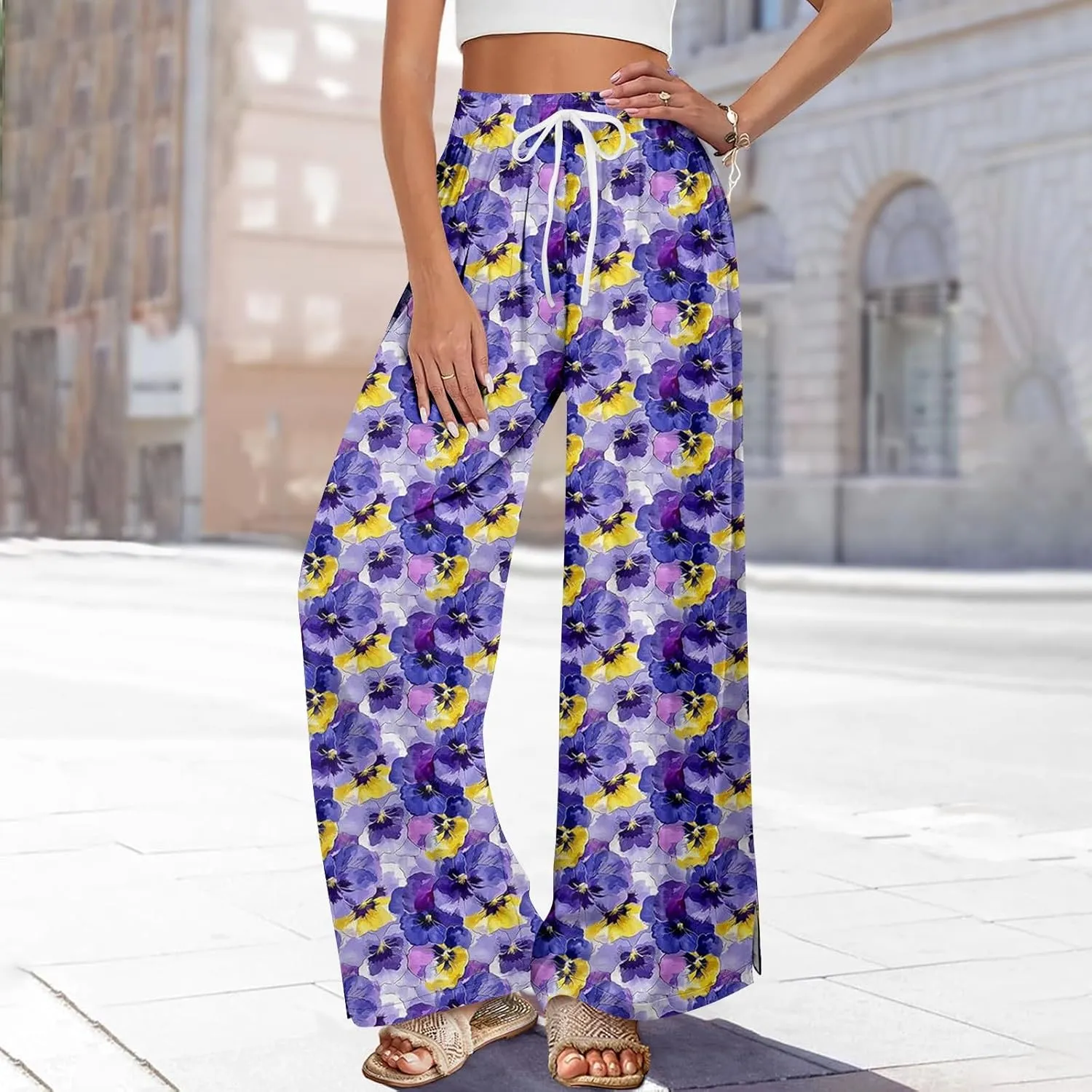 Wide Leg Pants Women 2025 Summer Floral Print Boho Palazzo Pants High Waist Lounge Trousers with Pockets