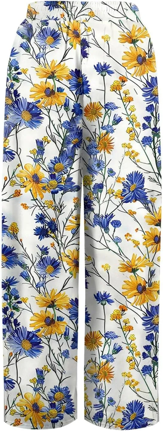 Wide Leg Pants Women 2025 Summer Floral Print Boho Palazzo Pants High Waist Lounge Trousers with Pockets
