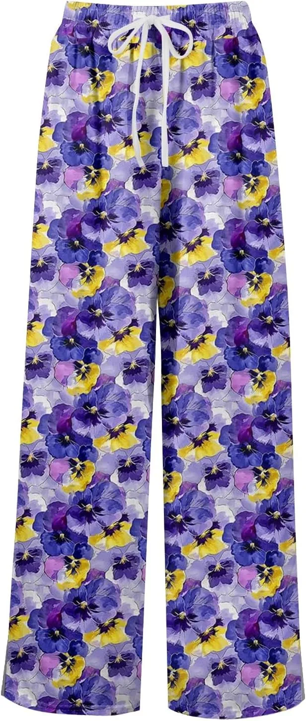 Wide Leg Pants Women 2025 Summer Floral Print Boho Palazzo Pants High Waist Lounge Trousers with Pockets